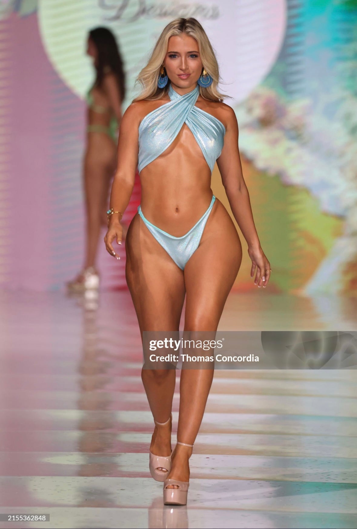 Baby blue shimmer halterneck bikini top with matching thong bottoms