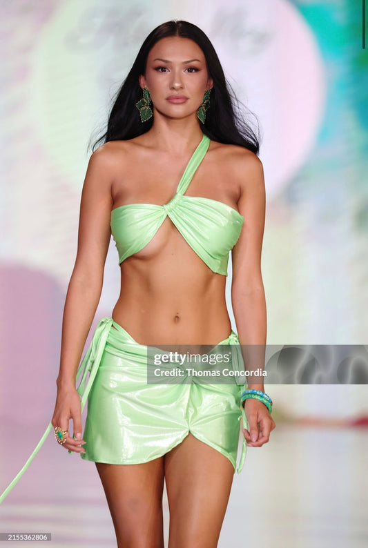 Lime green shimmer bikini with skirt 3 piece