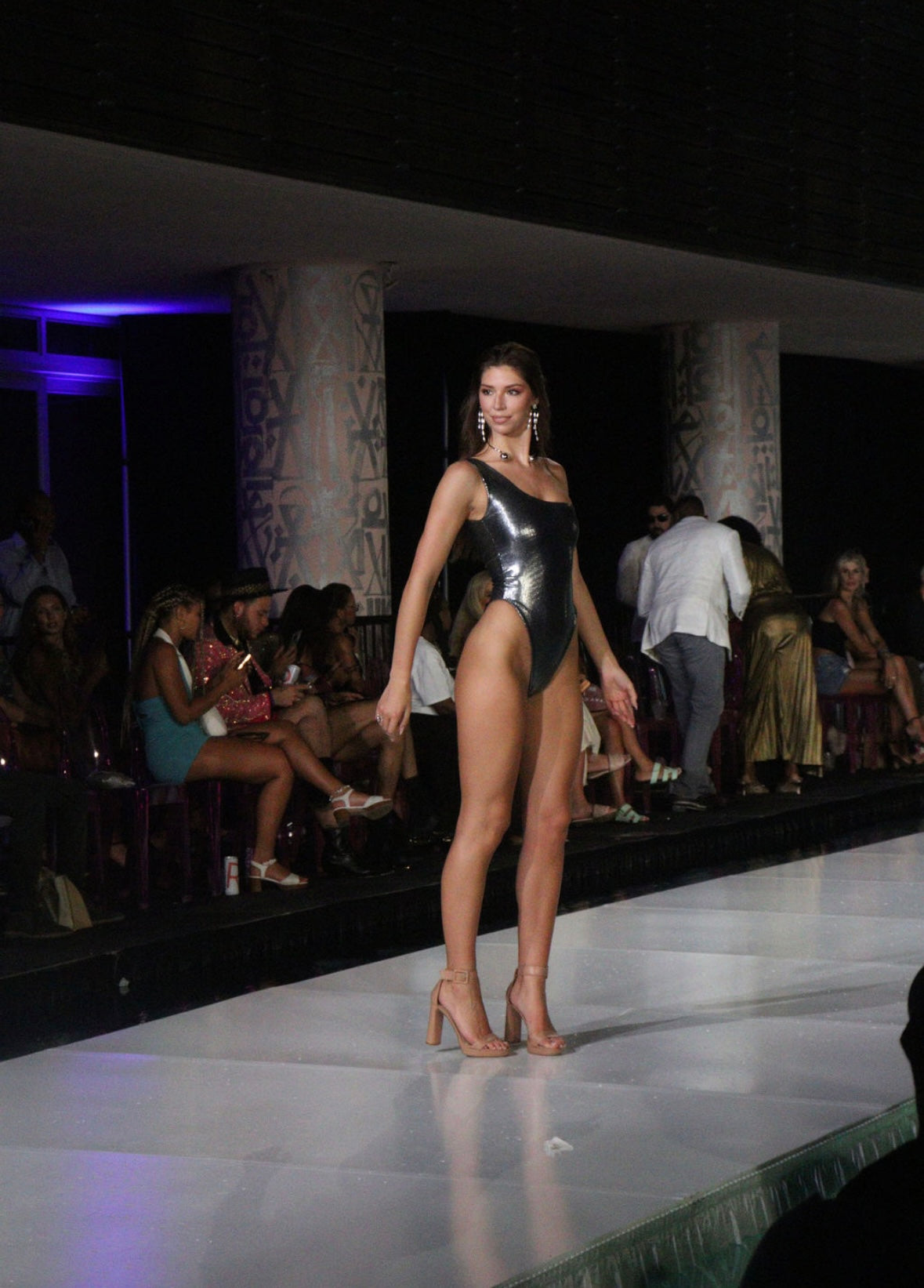Silver one-shoulder swimsuit