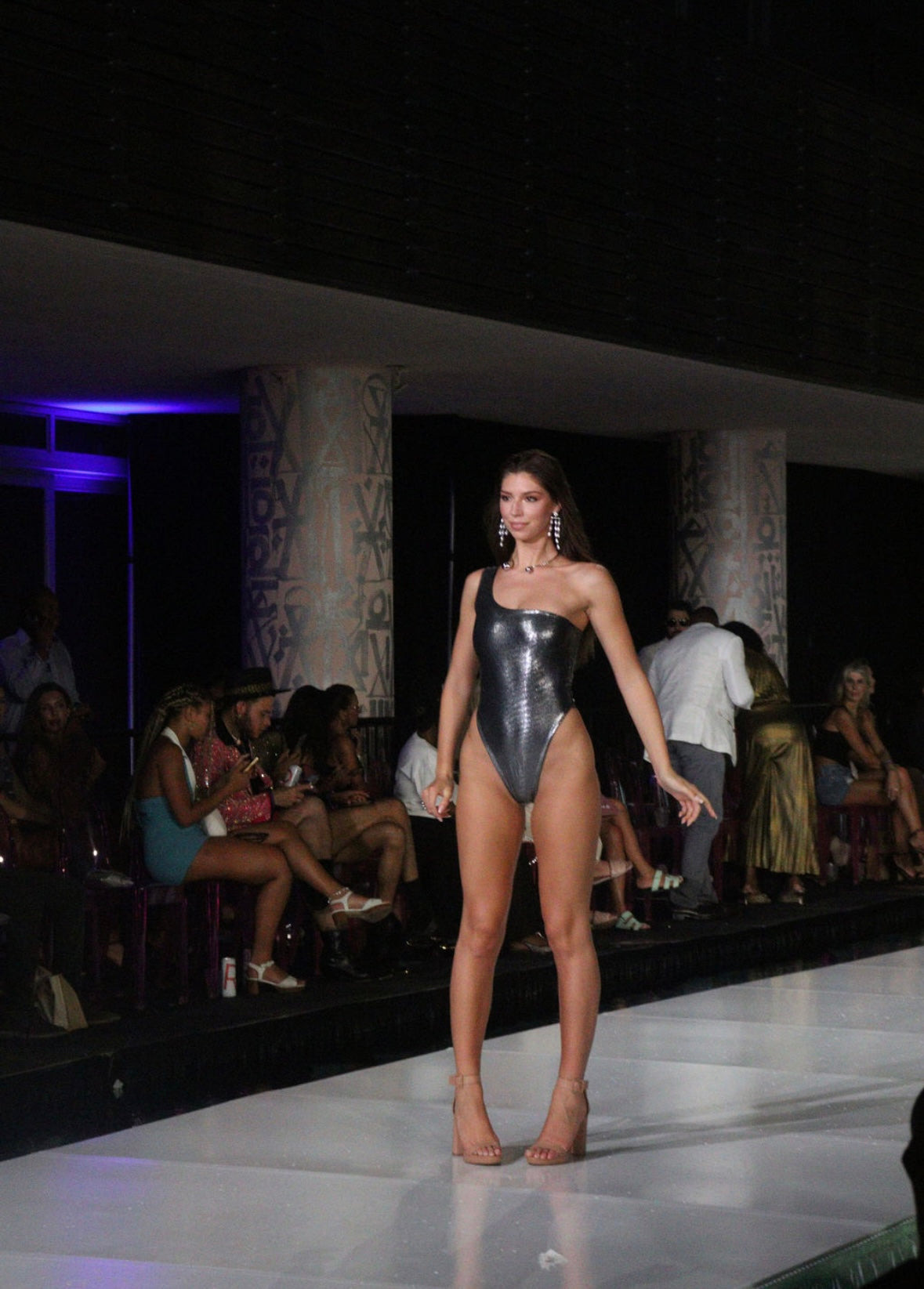 Silver one-shoulder swimsuit