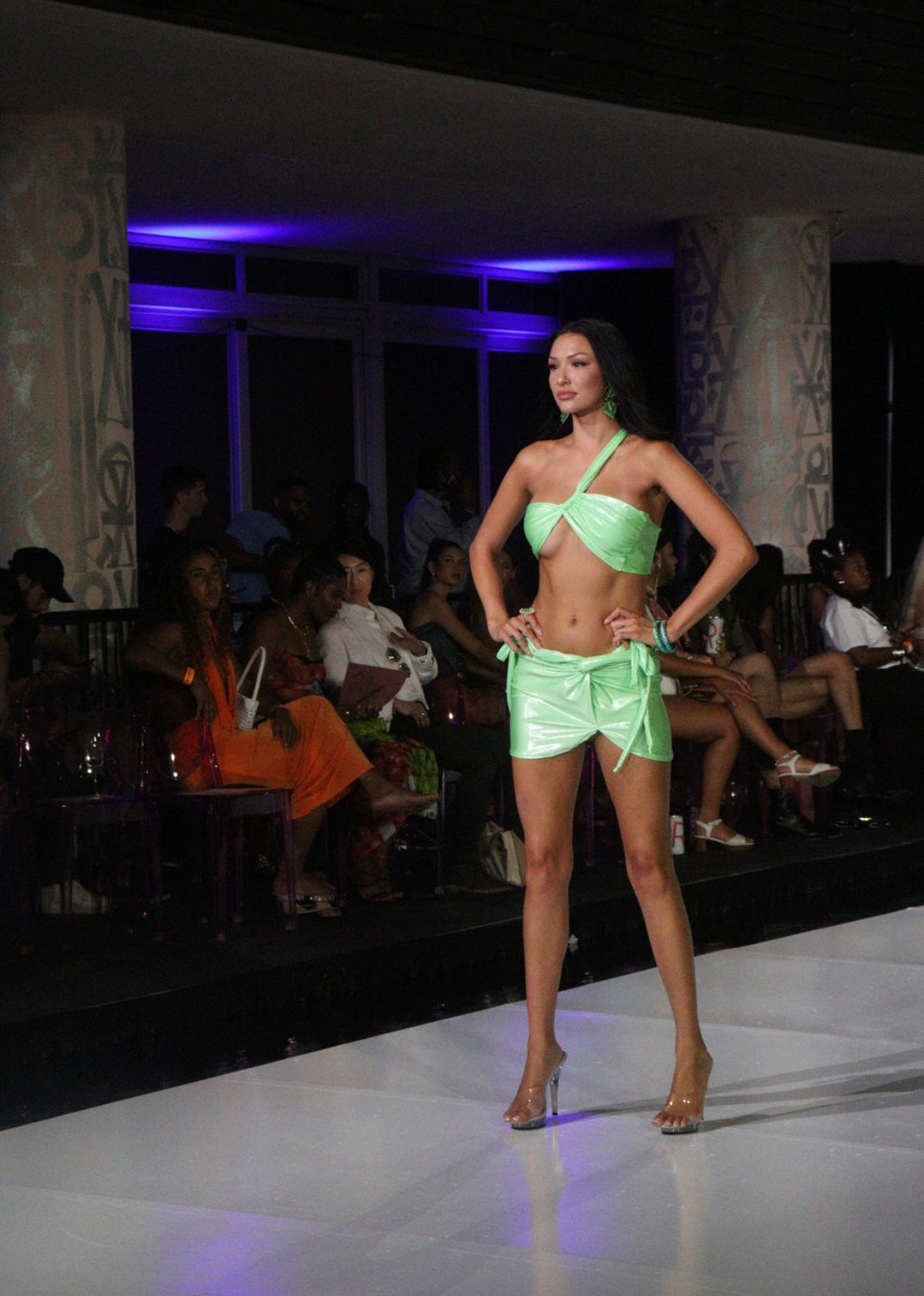 Lime green shimmer bikini with skirt 3 piece