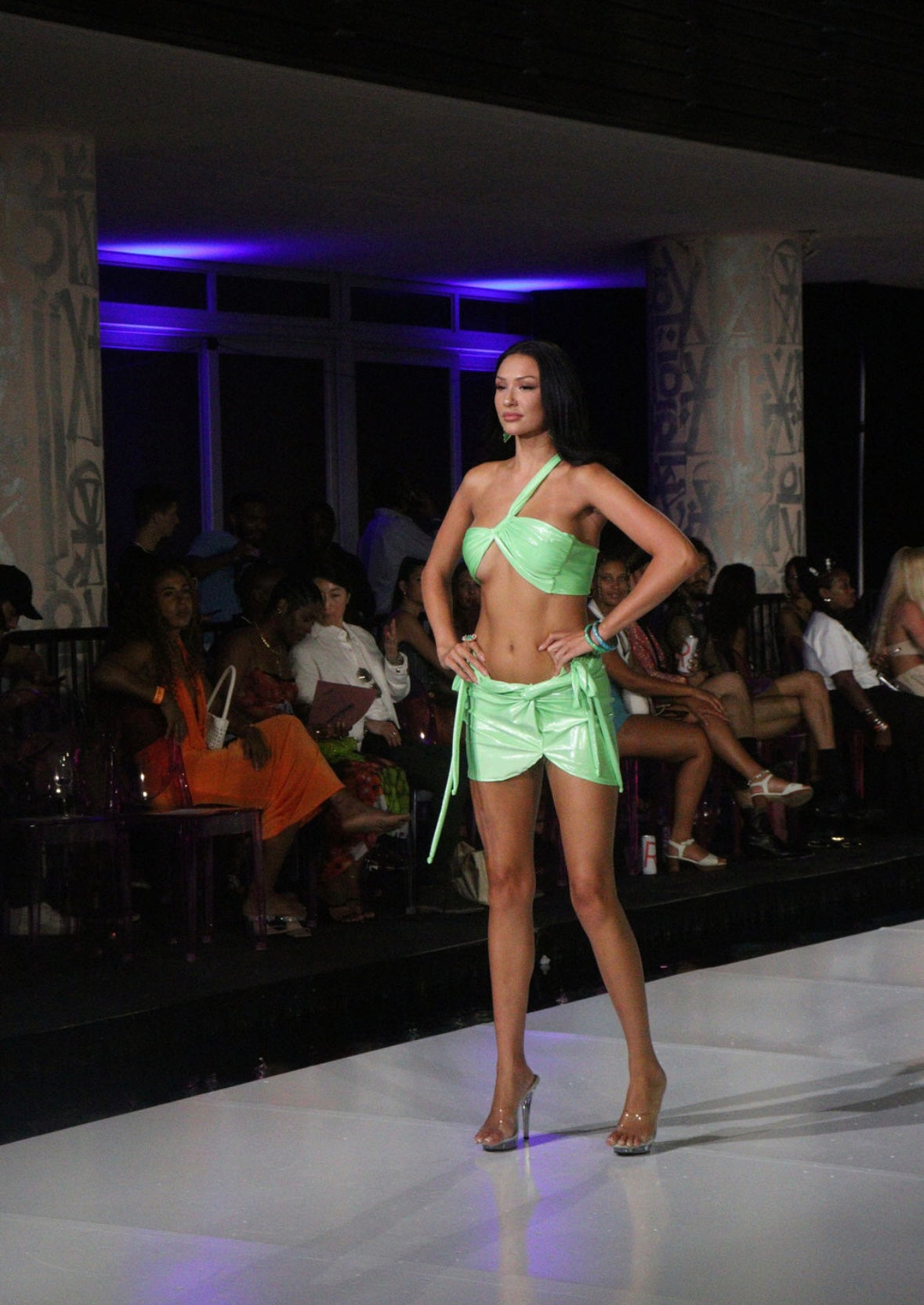 Lime green shimmer bikini with skirt 3 piece