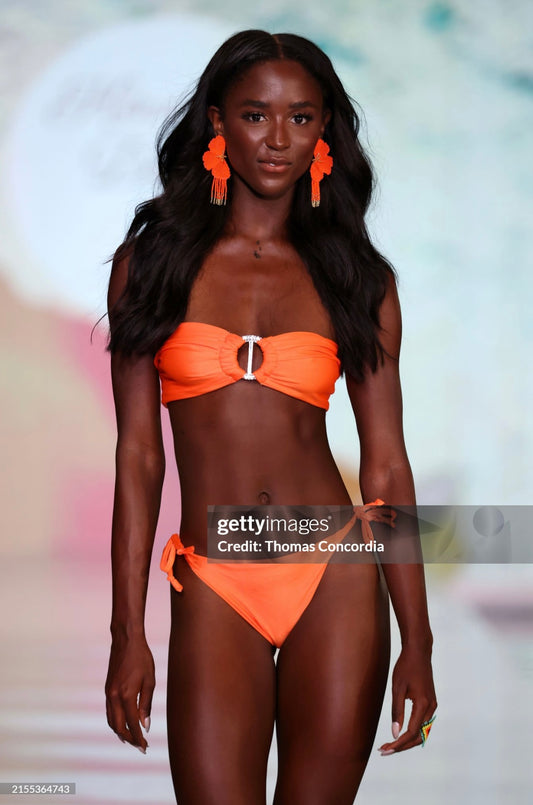 Neon orange bandeau bikini with tie side bottoms