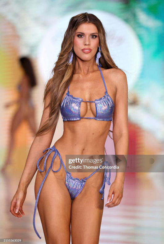 Blue purple sparkle ruched multiway bikini with tie sides