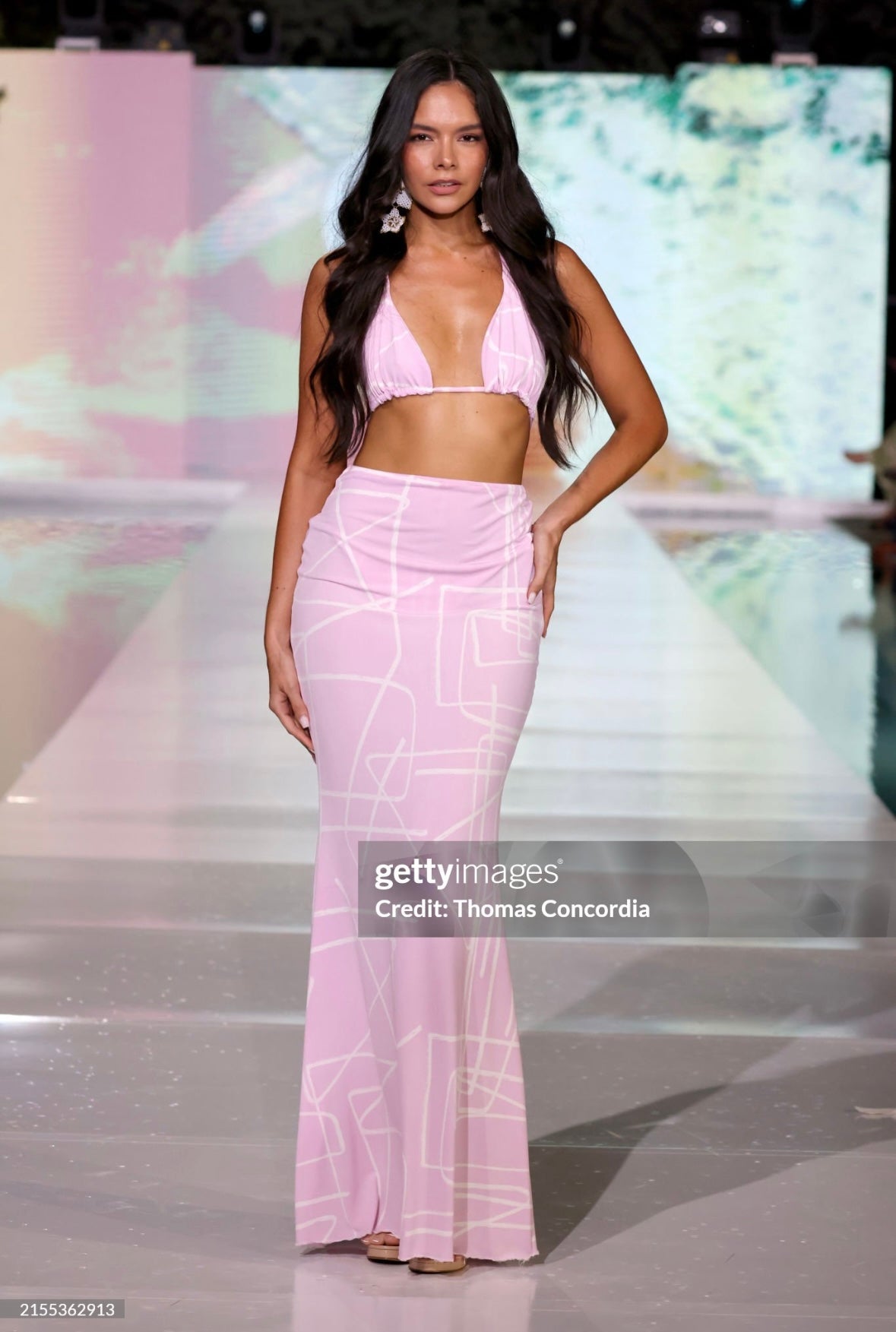 Baby pink and white patterened tie side bikini with matching maxi skirt