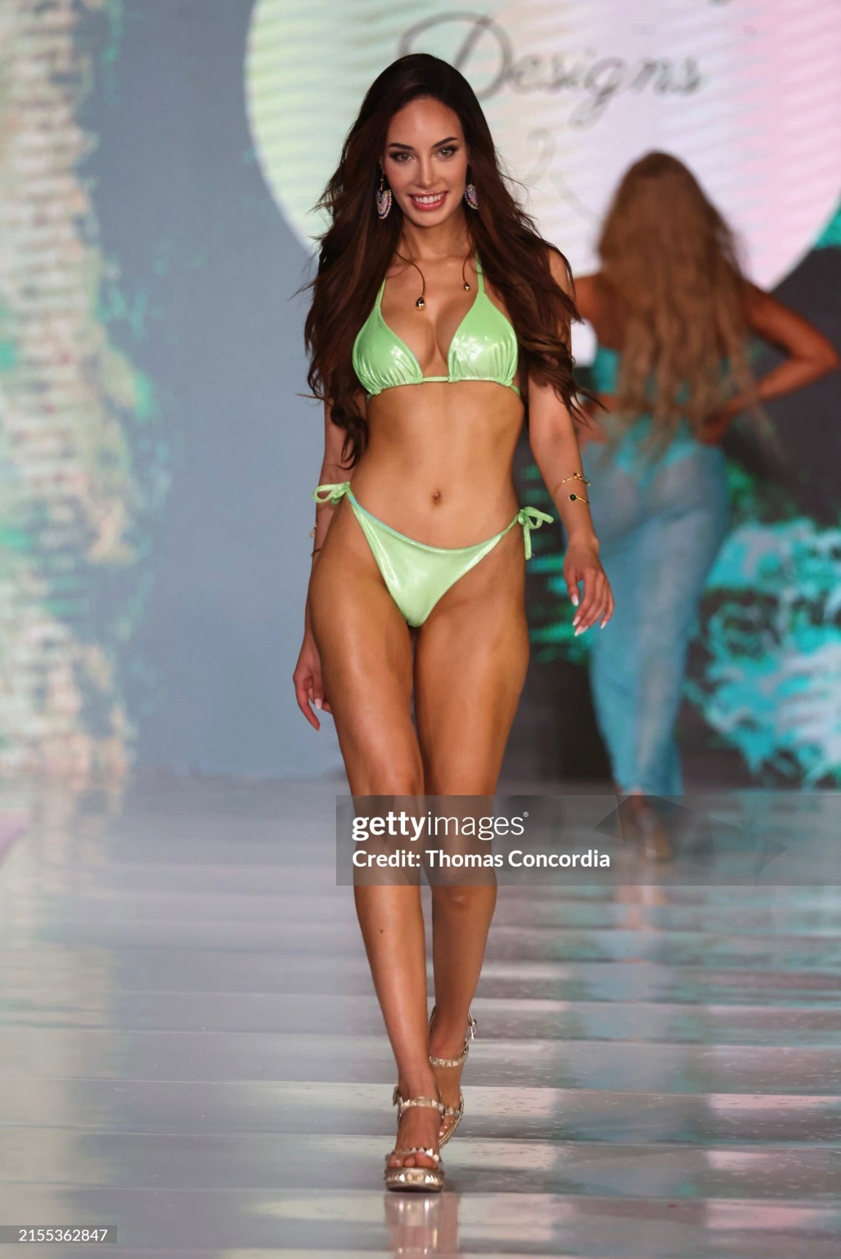 Lime green classic triangle bikini with tie sides and matching thong bottoms