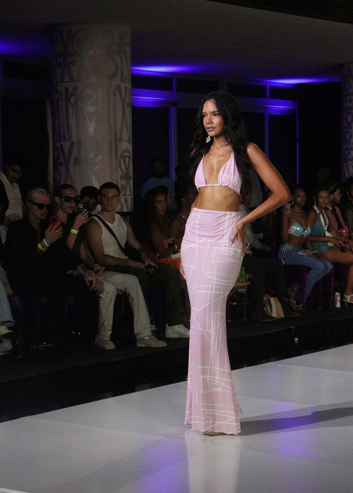 Baby pink and white patterened tie side bikini with matching maxi skirt